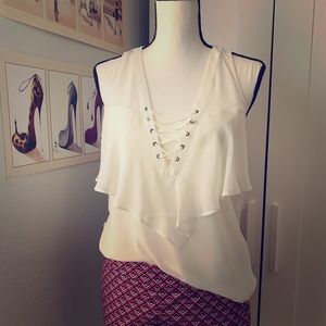 Ruffle trip lace up top